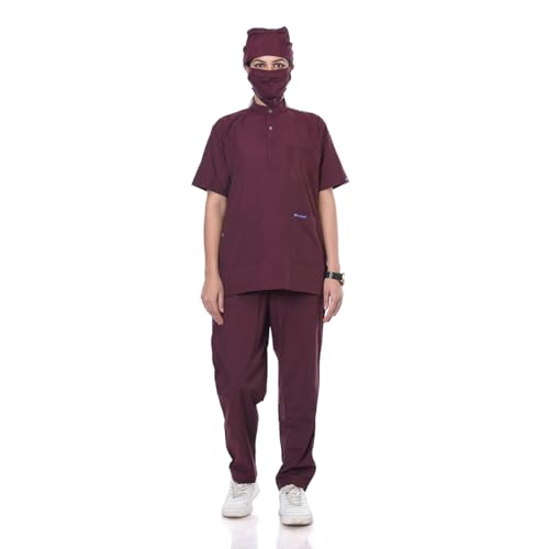 Image of Women 5-Pocket Scrub Suit | Set of Top & Pant | Half Sleeves | Mandarin Collar | Breathable Polyviscose Fabric | Comfortable | Durable | Uniform for Doctors Nurse & Dentist Wine L