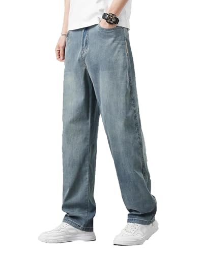Mens Jeans Summer Thin Drape Soft Loose Straight Casual Denim Pants Elastic Ice Silk Lightweight