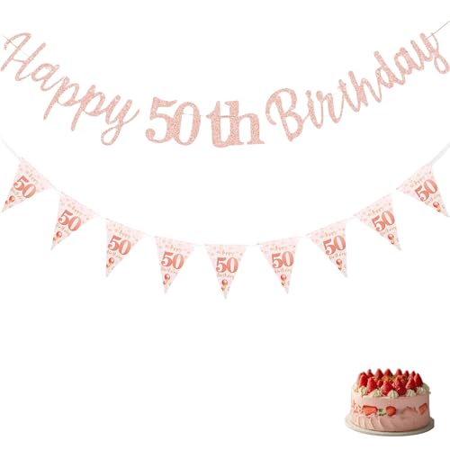 2 Pcs Happy 50th Birthday Banner Rose Gold 50th Birthday Decorations for Women Birthdays Banner Attractive and Durable Suitable for Birthdays Party Decorations Supplies
