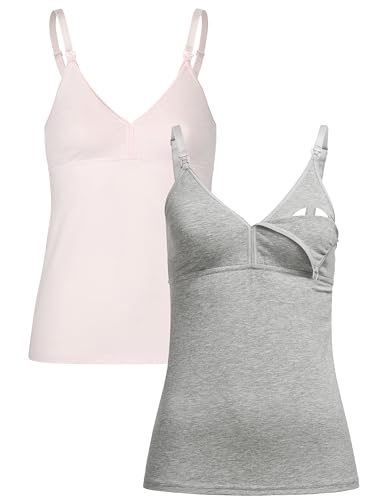 Herzmutter Camiseta Lactancia - Algodón - Top de Lactancia Materna - Ropa Mujeres Lactantes - Bustier Integrado - Set de 1 y 2-5420 (S, Rosa/Gris)