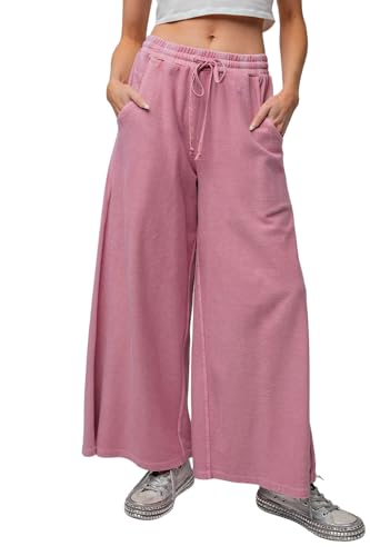 Easel Inside Out Mineral Washed Terry Knit Wide Leg Pants