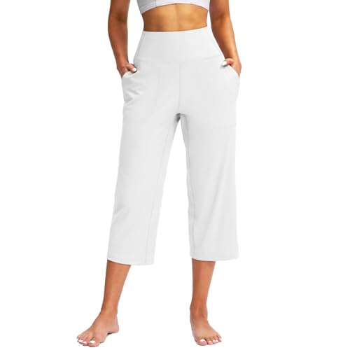 White Pedal Pushers for Women High Waisted Wide Leg Yoga Pants with Pockets Capri Workout Leggings Tummy Control Casual Summer Plus Size Capris Summer Outfits for Women 2025 Trouser Lounge Pants