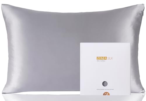 ZIMASILK 100% Pure Mulberry Silk Pillowcase for Hair and Skin Health,Soft and Smooth,Both Sides Premium Grade 6A Silk,600 Thread Count,with Hidden Zipper,1pc (King 20''x36'',Silver Grey)