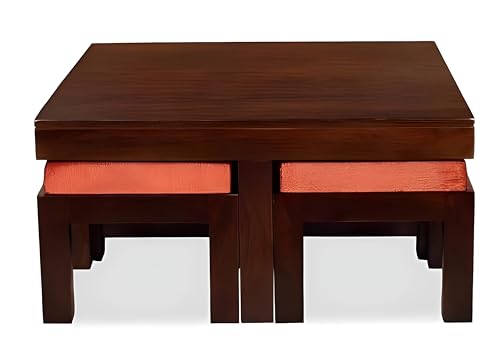 Image of Loonart Solid Sheesham Wood Coffee Table with Four Cushioned Stools | Idel for Living Room | Cafe | Restaurant | Space Saving Indoor Table Set | Finish Color - Natural Teak Finish | Pink Cushion |