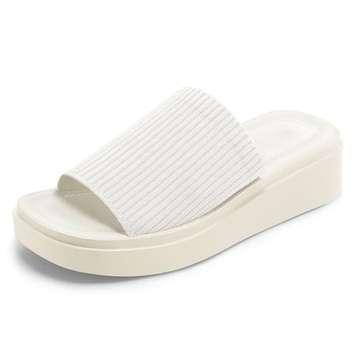 mysoft Women's Platform Sandals 1.8 Inch Slip On Comfortable Knit Open Toe Flatform Chunky Slide Sandals White