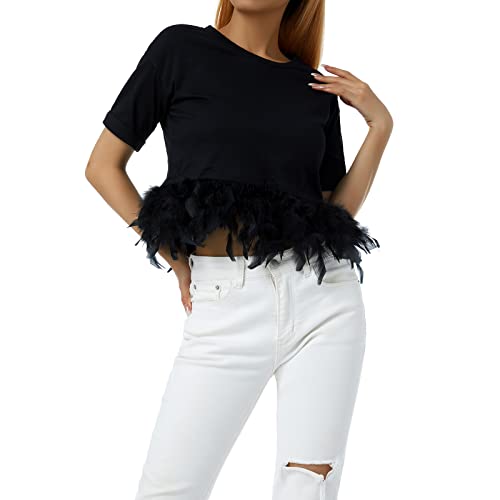 Las mujeres de plumas empalme Crop Top Vintage estética manga corta camisetas de moda Harajuku recortado verano camisetas Streetwear, Negro, M Cover