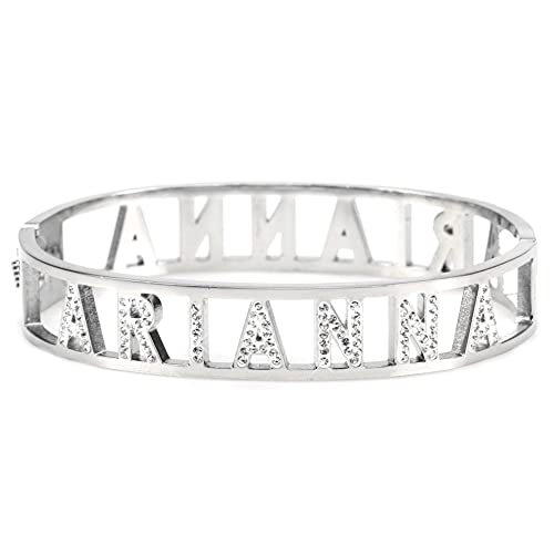 Flowers Bracciale Rigido Acciaio con Nome Vari e Zirconcini Sacchettino in tessuto Scritta nome ricoperta di strass Brillantissimi Bracciale a Manetta Donna Chiusura a molla Idea Regalo