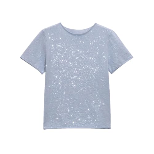 Women Sequin Knit Sweater Crew Neck Short Sleeve Knit Pullover Top Casual Short Knitwear