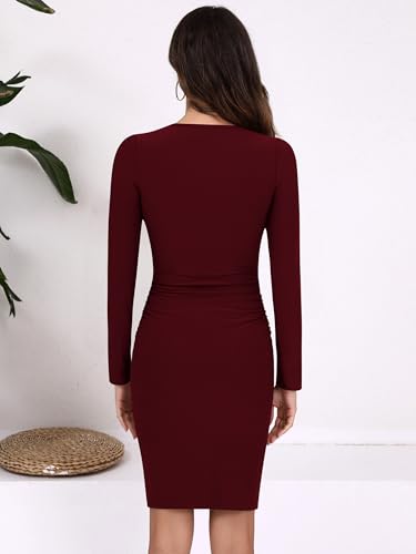 Image of Missufe Women's Crew Neck Long Sleeve Ruched Knee Length Bodycon Casual Dress Sheath Sundress