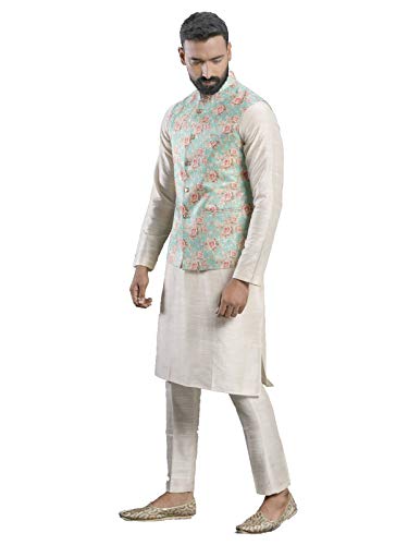 Elina fashion Men's Indian Cotton Kurta Pajama And Printed Nehru Jacket (Waistcoat) Indian Wedding Ethnic Diwali Puja Set4