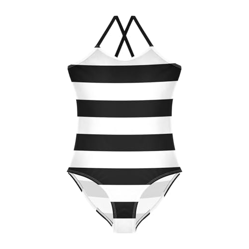 White Black Stripes Girls Swimsuit One Piece Bathing Suit Beach Swimwear with Adjustable Straps