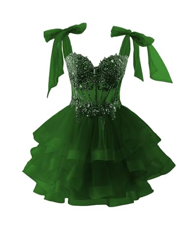 Clothfun Lace Applique Sequin Bow Emerald Homecoming Dress Tulle Tiered Short Prom Dress 2025 Corset Cocktail Dresses for Teens 0