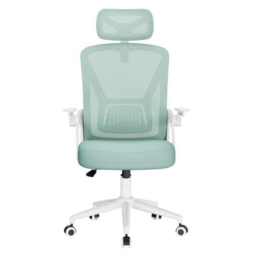 naspaluro Silla de Oficina, Silla de Oficina Ergonómica con Brazos Abatibles 90°, Soporte Lumbar de Diseño Exclusivo, Reposacabezas Ajustable, Tapicería de Malla Transpirable Escritorio, Verde