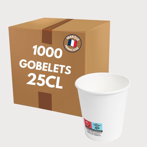 COVR Gobelets carton blanc 25 cl - 8 oz / 1000 unités, Recyclables, Boisson Chaude et Boisson Froide, Solide et Bonne Prise en Main, Résistant