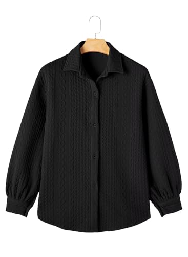 Astylish Women Long Lantern Sleeve Shirts Cable Textured V Neck Button Down Tops Casual Oversized Blouse3