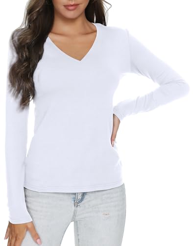 RightPerson Women's Long Sleeve V Neck/Crewneck T-Shirt Basic Solid Slim Cotton Tops