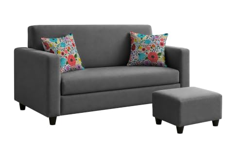 Image of Rosebell 2 Seater Sofa with Ottoman | Living Room Couch | with Printed Cushions | Sofa for Home, Apartment & Office-Grey Color