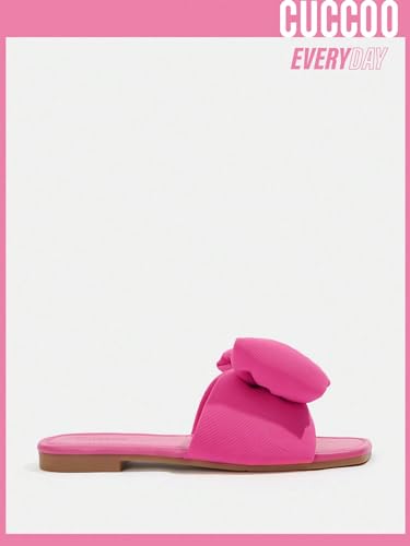 OYOANGLE Women's Bow Decor Square Open Toe Flat Sandals Solid Plain Lightweight Soft Slip on Dressy Slides4