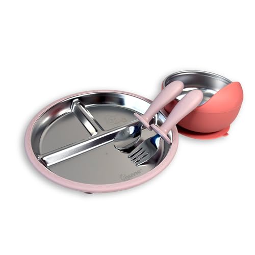 Image of Feeding Set of 3 for Kids | Suction Plate, Suction Bowl, Cutlery Spoon Fork | Stainless Steel | Easy Grip |Self Feeding Set for 6m+ | Dishwasher Safe (Rosebud)