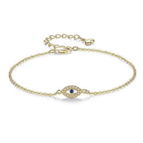 Hamsa Evil Eye Bracelet Sterling Silver 925 Cubic Zirconia Link Chain 6.5in+1.5in for Women