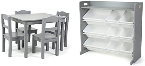 Humble Crew Kids Wood Table and 4 Chair Set, Grey & Inspire Toy Organizer with Shelf and 9 Storage Bins, Grey/White