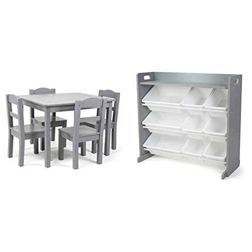 Humble Crew Kids Wood Table And 4 Chair Set, Grey & Inspire Toy Organizer With Shelf And 9 Storage Bins, Grey/White #TOP2