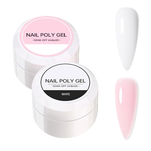 Nail Builder Gel Set, 2 Colors Fast Building Poly Gel, Nude Pink Pure White Nail Extension Gel Kit, UV/LED False Nail Builder Gel in a Bottle, Nail Strengthener for Nail Art DIY
