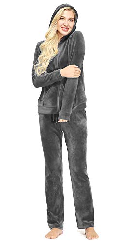 Dolcevida Women's Velour Tracksuits 2 Piece Outfits Hoodie & Sweatpants Sweatsuit Set, Full Zip-grey, Medium