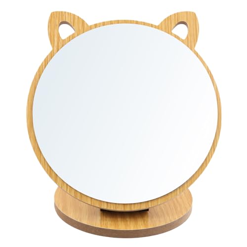 Cozlly Miroir à Poser Forme d'Oreille de Chat - Pliable de Table avec Base en Bois, Maquillage Rond 19×17cm, Haute Définition pour Cosmétique