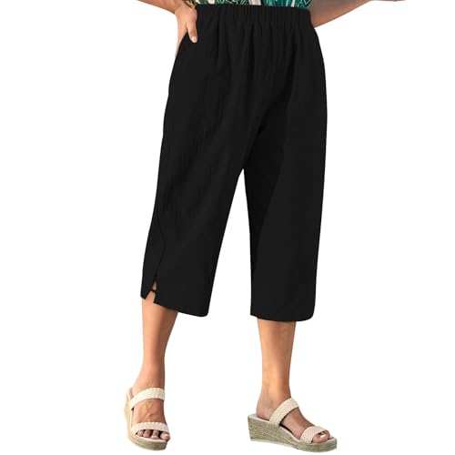 Womens Capri Pants Side Slit Loose Elastic Waisted Wide Leg Lounge Pant Summer Casual Palazzo Trousers with Pocket Black