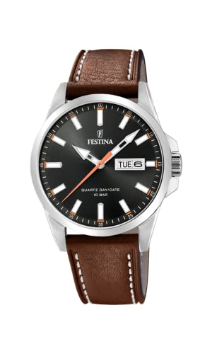 Festina Montre Homme Analogique en Cuir Marron - Mouvement Quartz - Calendrier - Verre Minéral Haute Résistance - Étanche 10 ATM - Élégante F20358/2