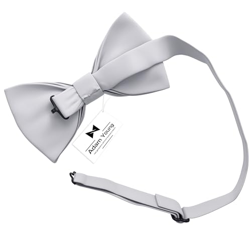 Adam Young Boy's Light Gray Bow Tie Pre-Tied Style Formal Satin Classic Bowtie for Tuxedo Faux Silk (Medium, Silver Grey)3