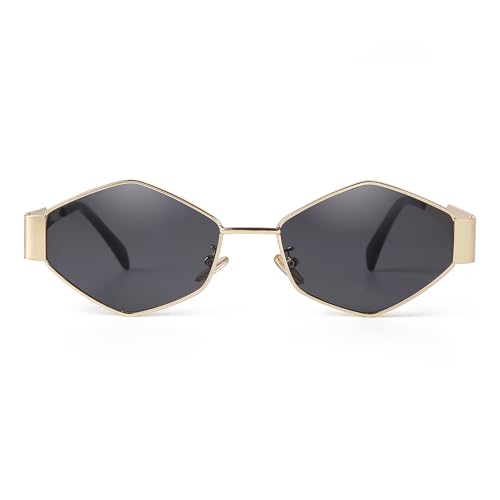 SDINM Trendy Hexagon Sunglasses for Women Retro Gold Metal