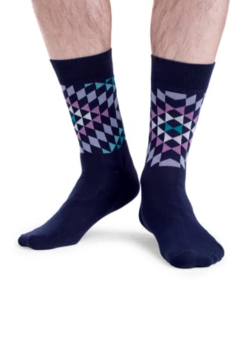 JNRB Men's Cotton Bright Bold Colors Colorful Geometric Business Crew Dress Socks Patchwork Triangle Diamond Pattern, L-XL