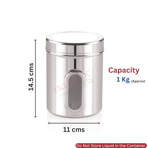 Image of NATULIX 1 Kg Stainless Steel Containers for kitchen with See Through Window | Kitchen Containers Set | Silver | Mirror Finish (1250ml - 6pcs) Food Grains Capacity - 1kg Approx