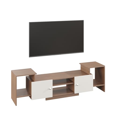 Image of FURNEASER Eptimal Engineered Wood TV Entertainment Unit for 75 Inch TV | Floor TV Stand & Cabinet with Shelves and Doors | Modern TV Unit (Exotic Teak & White)