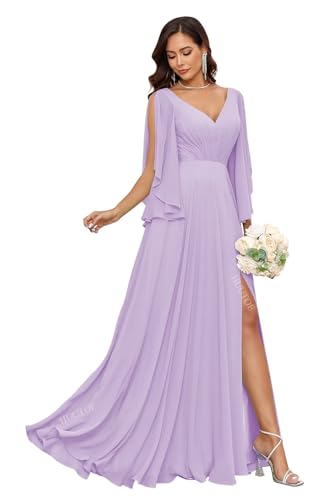 Image of HUUTOE Lavender Chiffon Bridesmaid Dress with Sleeves Ruched Empire Waist V-Neck Formal Dresses for Women Wedding Guest 2026 M US8