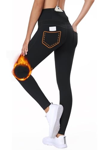 BAYGE Leggings Térmicos Mujer Invierno Forro Polar Cintura Alta Impermeables Opacos Slim Fit Jeggings Pantalones de Yoga Senderismo Deportivos Medias con Bolsillos, Negro, S