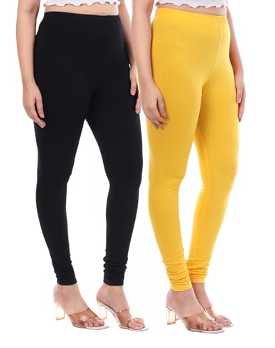 Image of TPF Women Solid Cotton Lycra 4 Way Stretchable Leggings | Combo Pack of 2 Comfortable Churidar-Length Slim Fit Leggings for Women & Girls