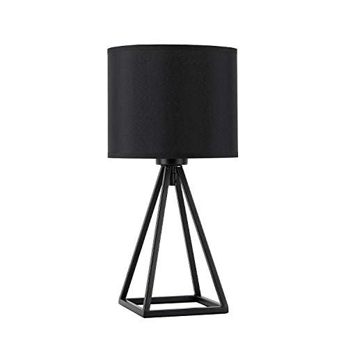 KRASTY Modern Black Side Table Lamp,Farmhouse Geometric Lamp with Fabric Shade Hollow Out Base Bedside Lamp Drum Nightstand Lamp,E26 End Table Lamp for Living Room Bedroom Study H14.2"
