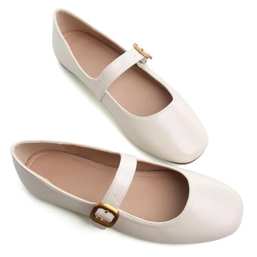 Image of TN TANGNEST Leather Flats for Women Retro Mary Jane Flats | Comfortable Square Toe Slip On Flats with Buckle Strap, Soft Work Flats Office Shoes