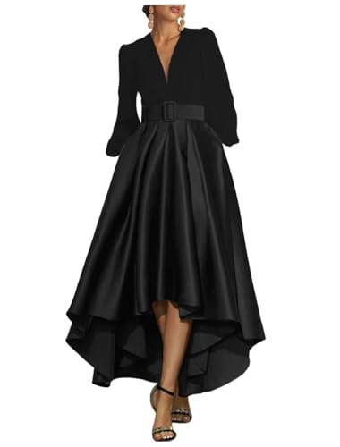 High Low Prom Dresses for Women Long Sleeve Elegant Evening Gowns Satin A Line V Neck Wedding Guest Dress