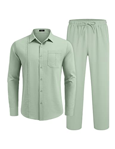 COOFANDY Herren-Leinen-Set, 2-teilig, langärmelig, Knopfleiste, kubanisches Hemd und Hose, Set für Sommer, Strand, Outfit, Hellgrün, Large