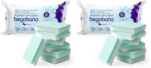 Begobaño Esponja Jabonosa Desechable. Esponja de Baño de Un Solo Uso con Gel Dermatológico e Hipoalergénico. 50 Unidades (Paquete de 2)
