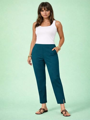 Image of KOTTY Women's Solid Straight Fit Ankle-Length Pants with Elastic Waist and Comfortable Stretch Fabric
