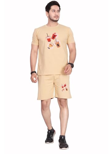 Image of HOODMASTER Men's Cotton Night Suit Set of Top & Knee Length Shorts with Round Neck Half Sleeves Solid Pattern Regular Fit and Standard Length | Mens Cotton Night Suit | T-Shirt and Shorts Sets