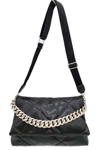 KONDRA Fancy Quilted Vegan Leather Crossbody Shoulder Purse with Chain Evening Purse (Black)