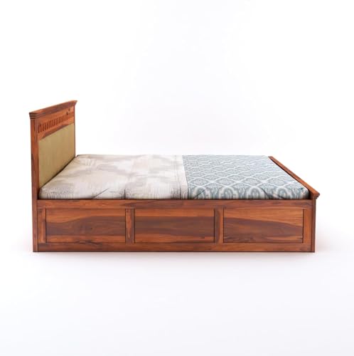 Image of Solid Sheesham Wood King Size Box Storage Bed Home | Wooden Double Bed Cot Palang for Living Room and Hotels (Cream and Honey) 1 Year Warranty