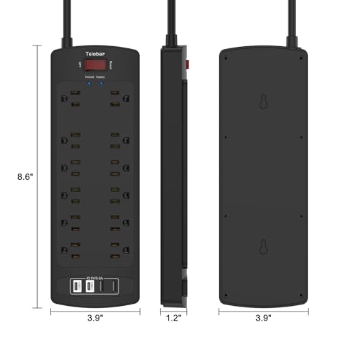 Image of 10 Ft Extension Cord Power Strip, Teiobar Surge Protector with 12 AC Outlets and 4 USB Ports for Home, Office, Dorm Essentials, 2700 Joules, ETL Listed, Black