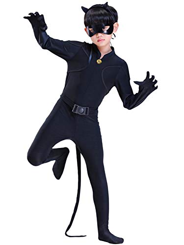 Monissy Costume Chat Noir Enfant Miraculous Déguisement Combinnaison Col Montant Elastique Collante Respirant Eclair Ceinture Queue Oreille Masque